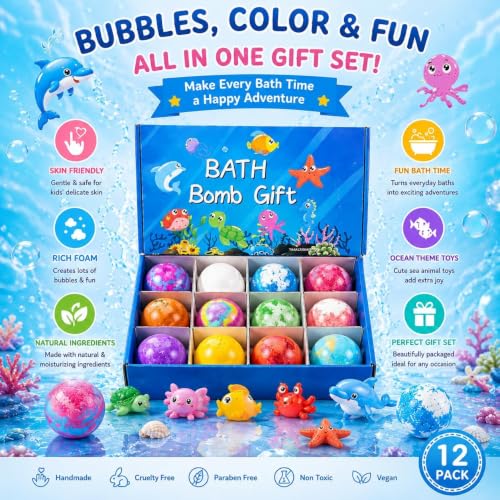 Image of Bath Bombs for Kids Gift Set, 12 Colorful Bath Bomb with Surprise Gift Inside, Ocean Theme Fizzing Tub Fun, Moisturizing Foam for Soft Skin, Cute Toy Filled Bath Time Treat