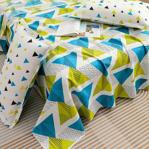 Image of Story@Home 144 TC Cotton Queen Size Bedsheet 88 x 100 Inche Geometric Printed Soft Flat Sheet with 2 Pillow Covers 18 x 28 Inch -Green & Blue