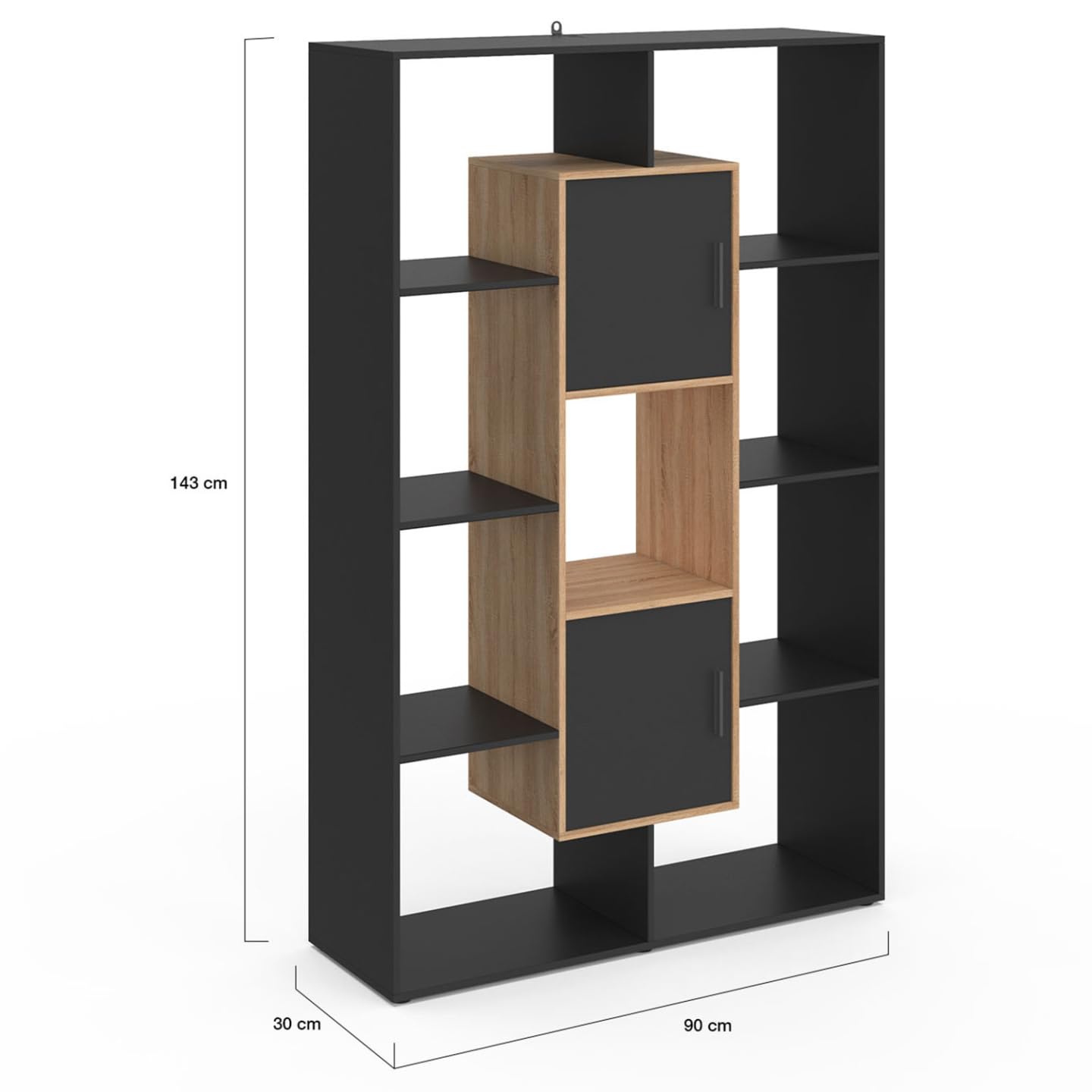 IDMarket – Estantería biblioteca Colette con 11 compartimentos y 2 cajas, color negro y efecto madera, 143 cm