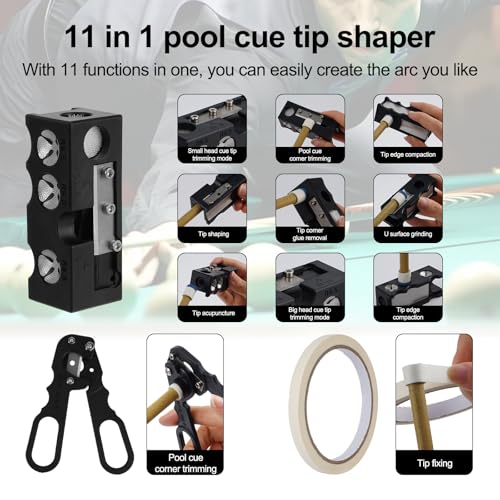 YAKUHY 11-in-1 Pool cue Tips Replacement kit,Portable Pool cue tip Shaper,Professional Cue Stick Tool Kit,Pool cue Shaper Accessories for Replacement and Shaping Cue Tips (Plastic, Black)