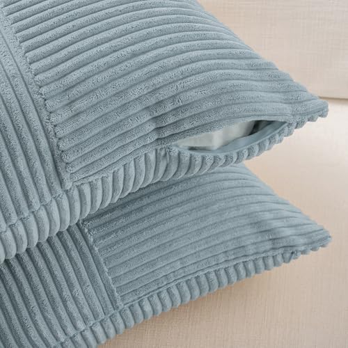 Image of Fancy Homi Set of 2, Light Blue Patchwork Corduroy Decorative Soft Striped Modern Accent Cushion Case Farmhouse Boho Neutral Throw Pillow Covers for Chair Couch Bed Sofa Living Room 28x16 Inch