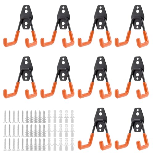 FUNSUEI 10 PCS Heavy Duty Double Garage Storage Hook, Wall Mounted Tool Storage Utility Hooks with Screw, for Garden Tools, Ladders, Bulky Items