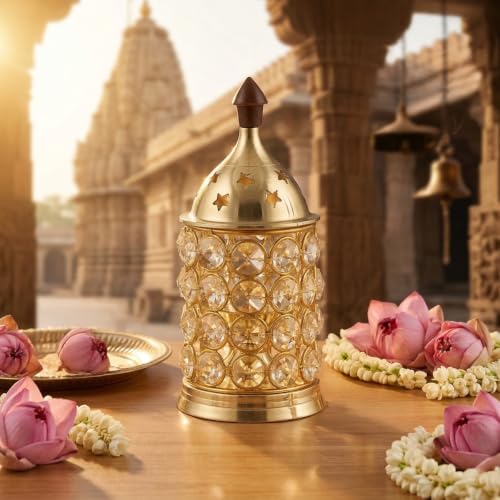 Image of Shubhkart Nitya Crystal Deep Brass Diya | Crystal Oil Lamp Diyas | Brass Table Deepak Oil Lamp Medium Size Akhand Jyoti for Home Temple Diwali Home Decoration (6 Inch Height, 3 Inch Length) - 234 GMS