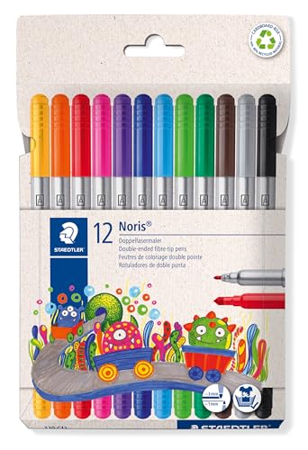 Staedtler Noris 320 C12 Lot de 12 feutres à double fibre, pointe résistante à la pression, lavable, largeur de trait 1 à 3 mm, étui en carton avec 12 feutres de couleurs assorties