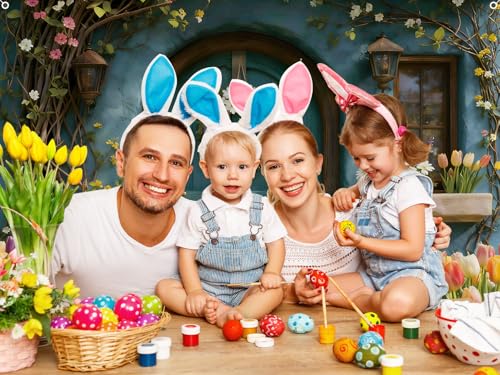 Spring Easter Backdrop 10x8ft Garden Floral Flowers Tulip Bunny Photography Background Colorful Eggs Rabbit Banner Decorations Photoshoot Party Decor Outdoor Indoor Fabric Polyester by Eleouto - Used condition - Image 6
