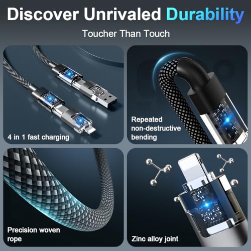 Image of Verilux 4-in-1 C Type Charger Cable with LED 1.2M /3.9Ft, PD 100W Type C Cable Fast Charging & 480Mbps Data transmission with USB /C to Lighting /C for iPhone 17 /16 /15 /14, Galaxy S25 /S24, Android, Tablet