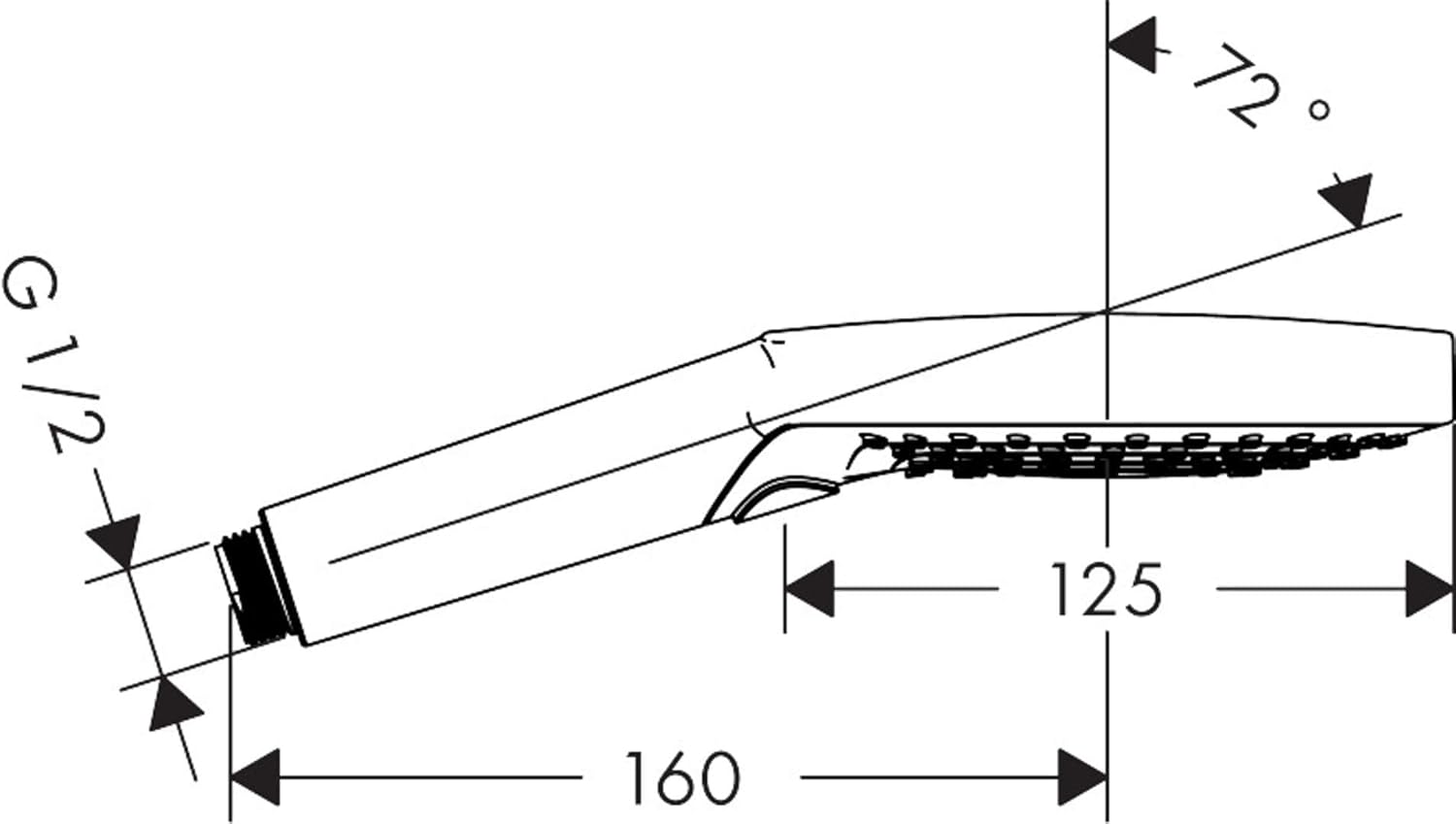 Technical drawing showing dimensions and G 1/2 connection for the hansgrohe Raindance Select S 125 hand shower.