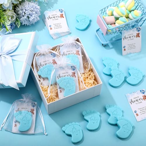 Image of 50 Sets Baby Shower Soap Favors for Guests - Mini Handmade Footprint Scented Soap with Thank You Cards and Organza Bag, Party Gifts for Gender Reveal Baptism(Bear,Blue)
