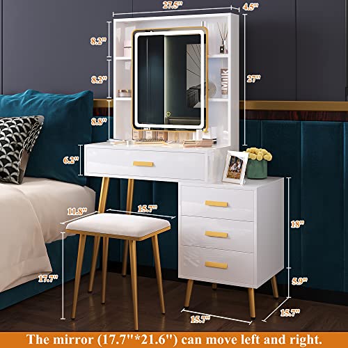 Neutype Vanity Desk With Mirror And Lights, Makeup Vanity With 4 Drawers, Vanity Mirror With Lights And Table Set, 3 Lighting Modes Brightness Adjustable Cushioned Stool, Rectangular Mirror White #TOP5