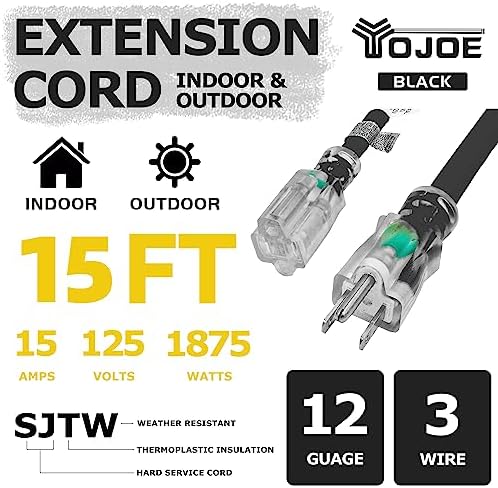 YOJOE Indoor Outdoor Extension Cord with Lighted End, 3 Prong 15A Weatherproof Power Extension Cord, 12 Gauge Heavy Duty 15 ft Black Extension Cord for Garage, Garden and Home, 12/3 SJTW UL Listed