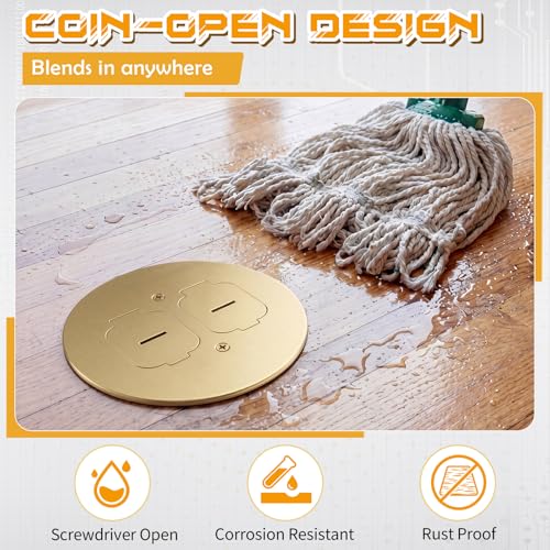 Image of Round Brass Recessed Floor Outlet Box, UL Listed Low Profile Hidden Dual Flip-up Floor Outlet, 20A Tamper Resistant Duplex Receptacles for Living Room, Home Office, Conference Room