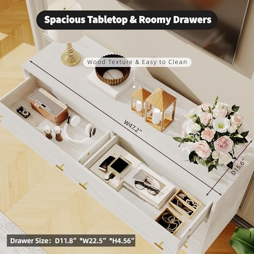 Farmhouse 6 Drawers Dresser for Bedroom, 47.2" Wide White Dresser Wood Rustic Chest of Drawers with Large Drawers & Bar Handles,Natural Texture,Drawer Organizer for Living Room,Hallway and Entryway