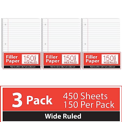 Notebook Paper, Loose Leaf Paper, Wide Ruled Notebook Paper, 10.5” x 8” Filler Paper, 56 gsm, 450 Sheets,150 Sheet Per Pack (3 Pack)