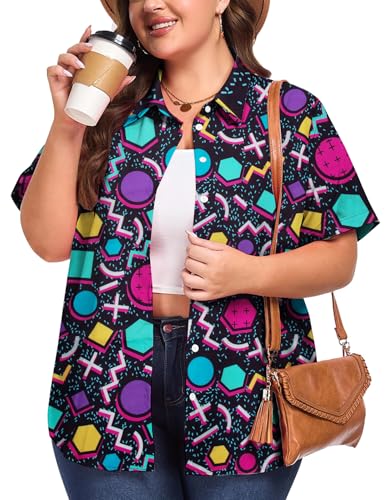 Plus Size 80s 90s Outfits for Women 90s Theme Party Disco Shirt 80s Hawaiian T-Shirt Retro Neon Button Down Blouse Tops