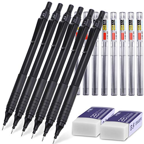 Chuangdi Metal Mechanical Pencils Set 0.5 mm 0.7 mm 6 Pieces Automatic Mechanical Pencils Writing Pencils, 8 Tubes HB Pencil Leads and 2 Pieces Erasers for Writing Draft, Drawing, Sketching (Black)