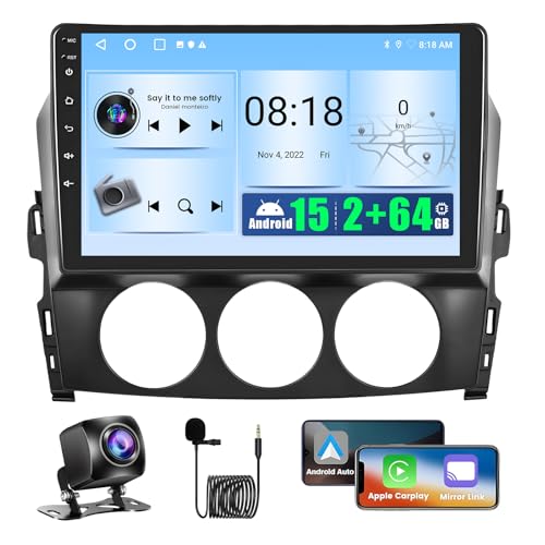 2+64GB Android 15 Car Radio for Mazda MX-5 NC Miata 2006-2015 Wireless CarPlay Android Auto, Realdio 9 Inch Touch Screen Car Radio with WiFi GPS Bluetooth EQ 26UI FM RDS Backup Camera