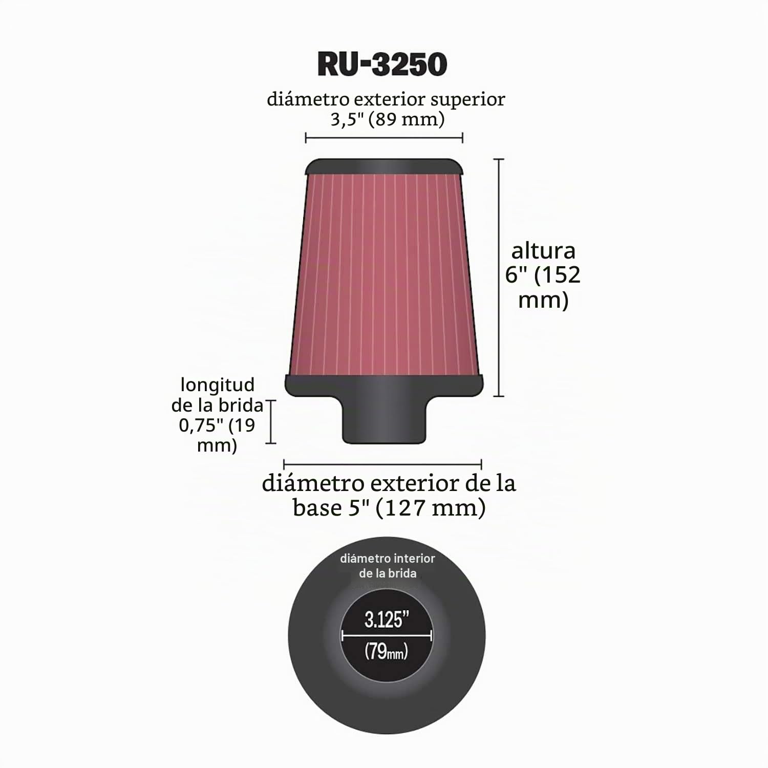 K&N Filtro de Aire Universal Cónico 79mm brida, 127mm base, 89mm parte superior, 152mm altura (RU-3250)