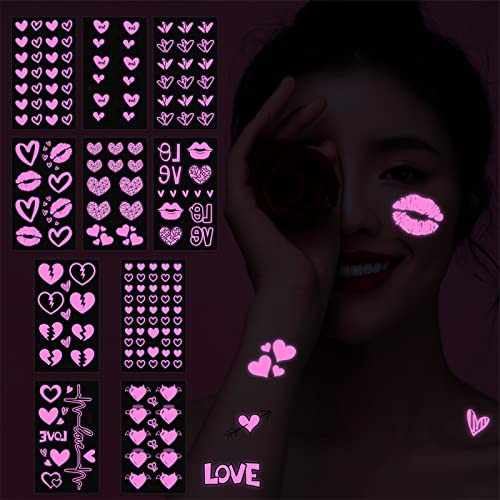 Maripabon Uv Neon Temporary Tattoos 170 Pieces Pink Heart Shaped Shimmer Designs Love Glow In The Dark Tattoos Stickers Flash Fake Waterproof Tattoos For Women Men Girls Body Face Art #TOP7