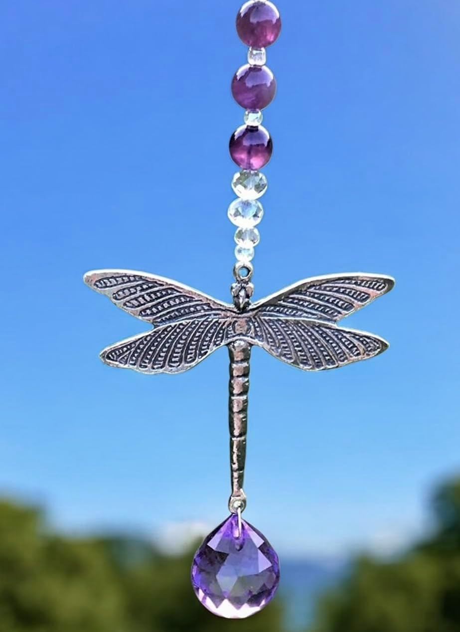 Amethyst Crystal Dragonfly Car Mirror Charm - Handmade Sun Catcher with Purple Crystal Ball - Feng Shui Window Hanging Ornament for Positive Energy