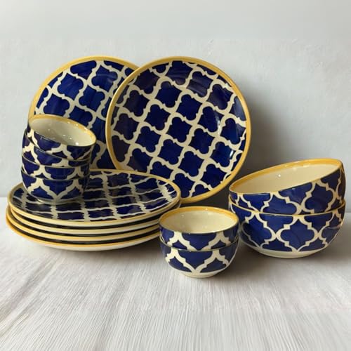 Image of Freakway 14 Piece Ceramic Dinner Set - 6 Dinner Plates, 6 Bowls & 2 Large Serving Bowls | Handcrafted Blue & White Moroccan Pattern Dinnerware Set for Dining & Serving