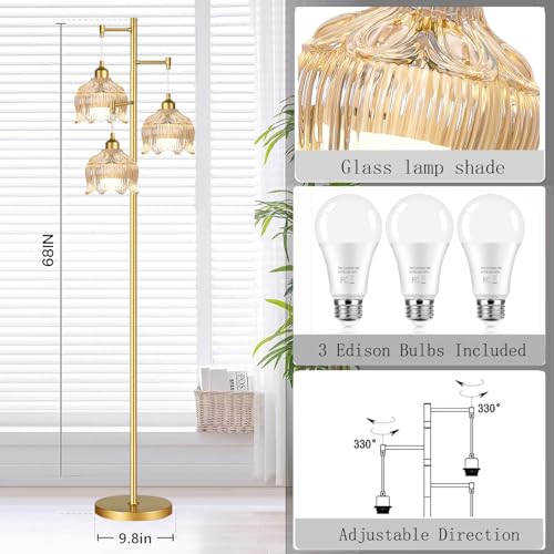 Image of ZECOXOL Gold Floor Lamps for Living Room 3 Lights Floor Lamp with Glass Lampshape & Three Led Bulb,Mid Century Standing Lamp Vintage Brass Tall Lamp Tree Floor Lamp for Bedroom Corner