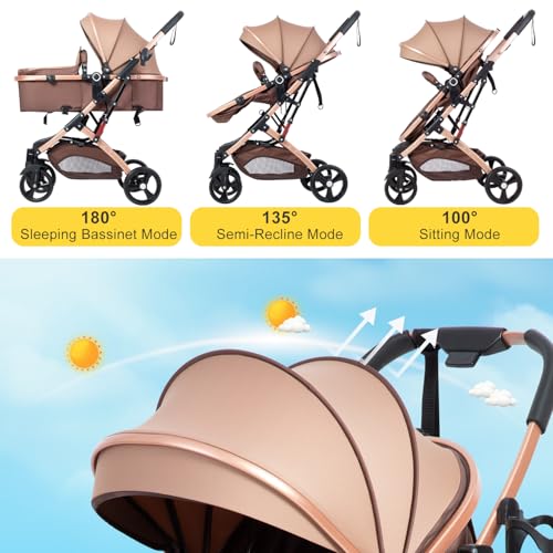 2 in 1 Baby Stroller Newborn Foldable Pushchair with Adjustable Canopy Folding High Landscape Infant Carriage, Anti-Shock Toddler Pushchair - Image 4