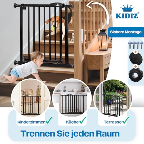 KIDIZ Treppenschutzgitter ohne Bohren | Verstellbare Breite: 74-80 cm, 75 cm hoch, Türschutzgitter und Absperrgitter für Kinder und Hunde, Beidseitige Einhand Öffnung, 90° Open-Stop System, Schwarz