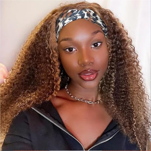 Image of Ombre Headband Wig Human Hair 4 /27 Highlight Kinky Curly Glueless Wig 22 In | Colored Curly Headband Wig for Black Women,Wear and Go None Lace Front Wigs,Brazilian Virgin Hair,150% Density,for Beginners