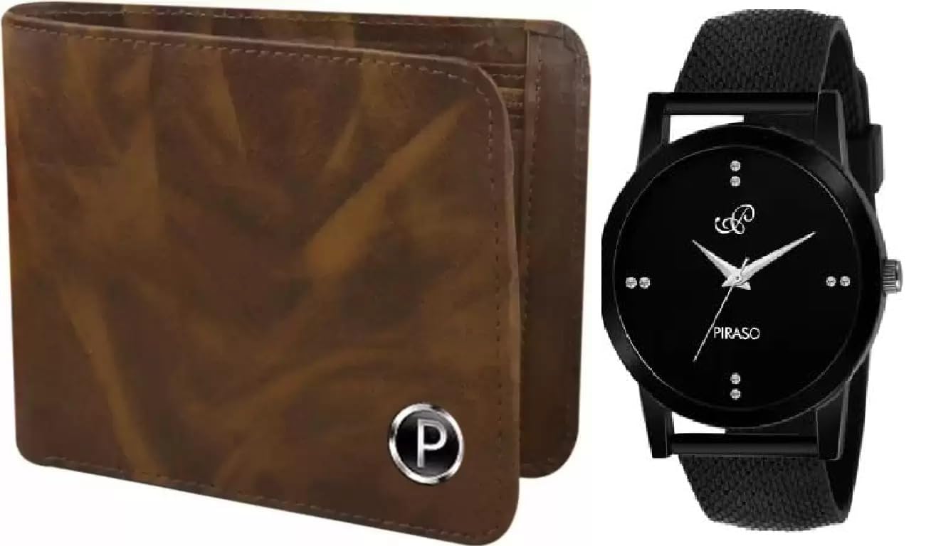 Pack of Two New Look Black Dial Watch and Brown Leather Wallet Men&Boys-image-0