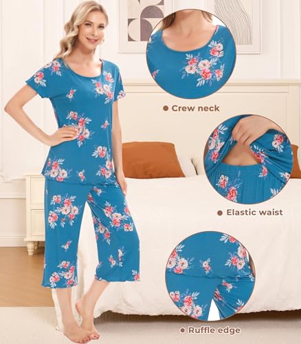 Image of NACHILA Women's Bamboo Viscose Pajama Sets Summer Cooling Short Sleeve Capri Soft Pjs Night Sweats Moisture Wicking Sleepwear