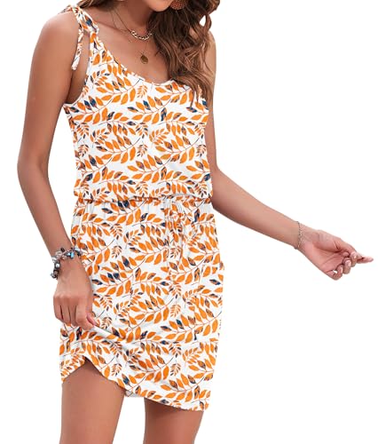 Image of AUSELILY Womens Summer Dresses Sleeveless Spaghetti Strap Beach Cover up Drawstring Waist Mini Short Dress with Pockets