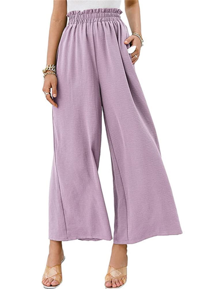HOULENGS Womens Casual High Waist Cotton Linen Pants Wide Leg Long Lounge Trousers with Pocket