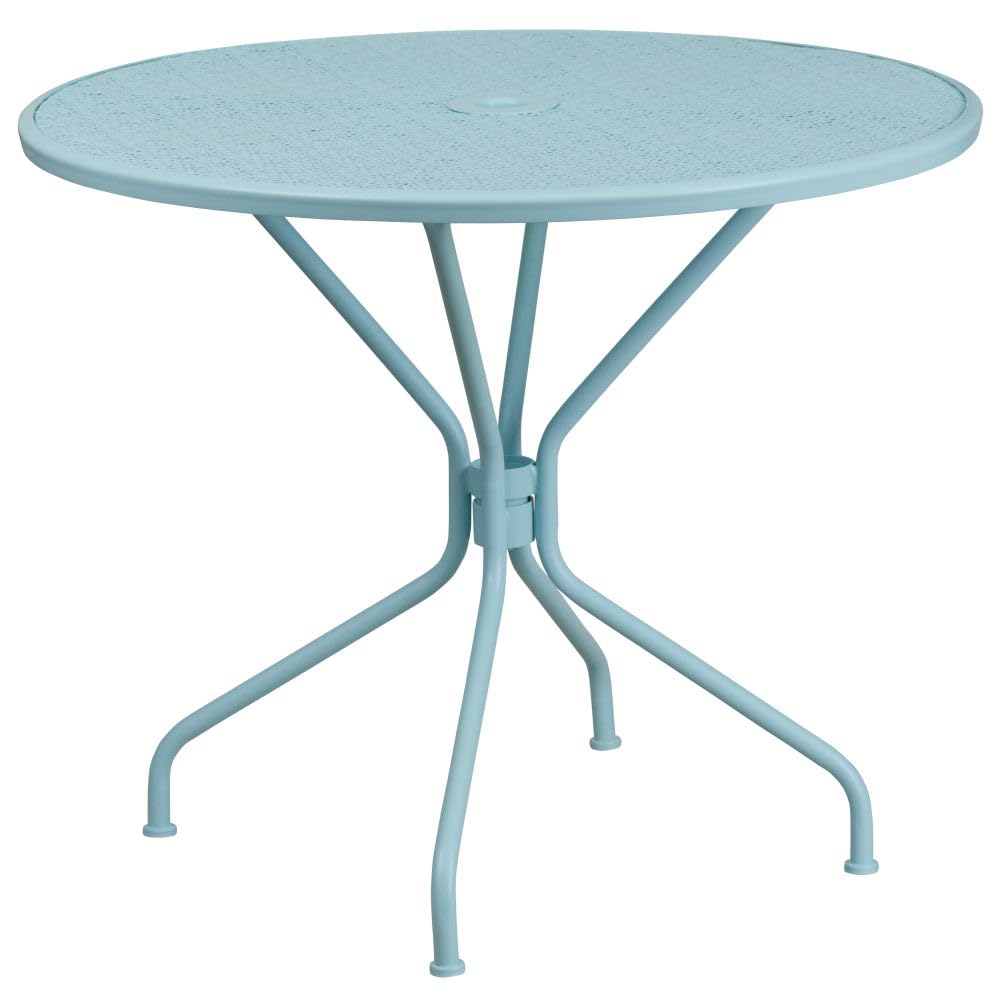 flash furniture oia commercial grade 35.25" round sky blue indoor-outdoor steel patio table with umbrella hole