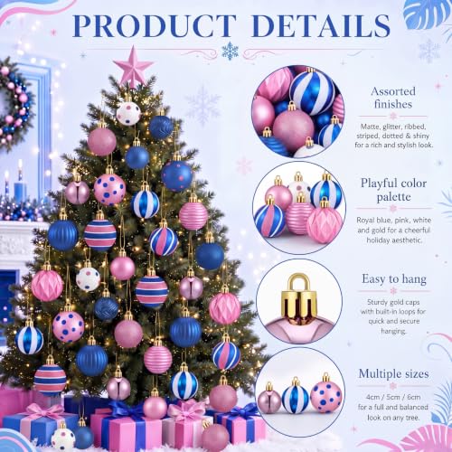 Image of Lunmon 64 Pcs Blue Pink Christmas Ball Ornaments Set Cartoon Xmas Baubles