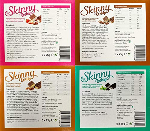 Skinny Whip 25g Chocolate Bars Guilt Free 99 Cal 4 Flavours Strawberry - Toffee - Mint - Double Chocolate 20 bars Total