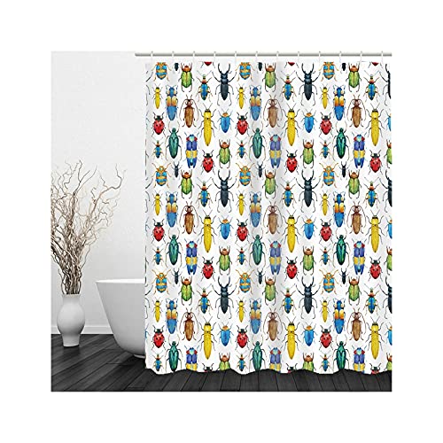 Banemi Bad Duschvorhang, Groß Duschvorhang Bunt Viele Käfer Polyestergewebe 120X180cm für Eck Dusche mit 12 Duschvorhangringen