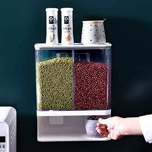 Rice Dispenser, Wall Mounted Dry Food Dispenser, Laundry Detergent Dispenser, 2-Grid Storage Kitchen Food Dry Food Dispenser, Wall Mount Dispenser for Pet Food Nuts Beans Not for Oatmeal (3000ML)