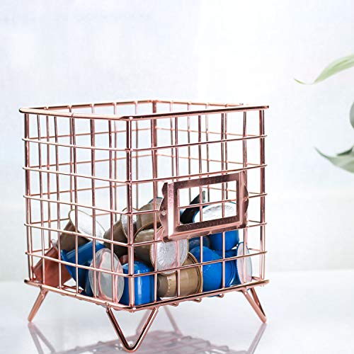 Simmer Stone Coffee Pod Holder, Wire Coffee Pod Storage Basket, Utility Pod Holder Organizer for Kitchen, Pantry, Office and Cafe, Size 5.3” x 6.3”, Rose Gold