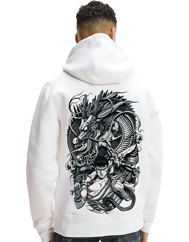 Epiko Dragon Printed Unisex Fleece Hooded Sweatshirt White
