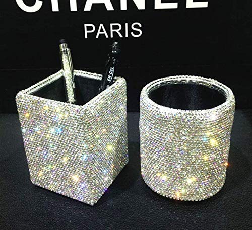 Tishaa Bling Bling Spark Crystal Pen Holder Stand Cup Box Organizer For Desk Office And Home Desk Receive A Case (Squared White Crystal) #TOP4