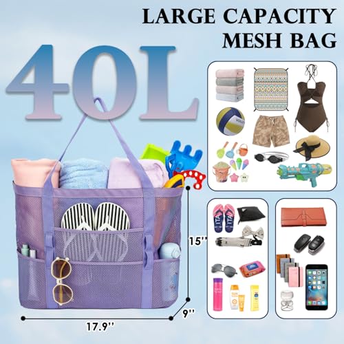 Image of Fammart Mesh Beach Bag for Women, Large Beach Toy Pool Bag with Zipper Pocket, SandProof Cruise Essentials 2026 Family Travel