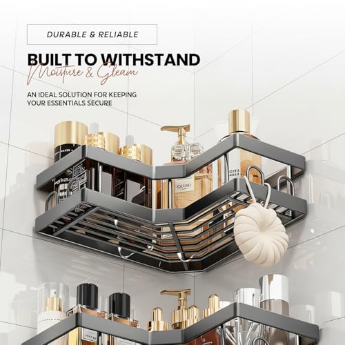 Image of amazon basics 2 Pack Heavy Bathroom Organiser Without Drill | Premium Bathroom Accessories Set | Washroom Storage Organizer | Wall Rack & Bathroom Corner Shelves