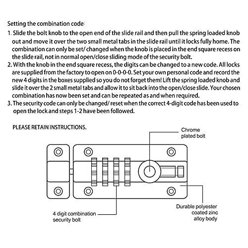 Image of RESET-008 Combination Locking Bolt, 4 Digit Combination Door Security Slide Latch Lock Set Your Own Password, Black