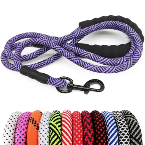MayPaw Heavy Duty Rope Dog Leash, 6/8/10 FT Nylon Pet Leash, Soft Padded Handle Thick Lead Leashes for Large Medium Dogs (Purple Black, 1/2" * 10')
