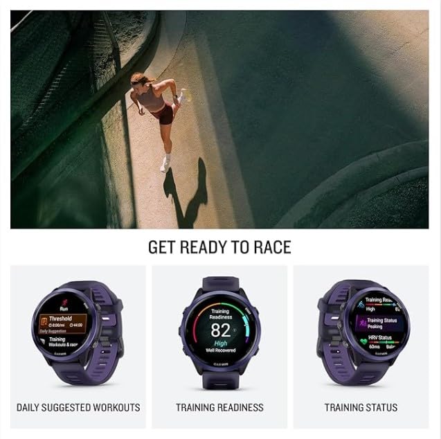 Image of Garmin Forerunner 570 47mm Advanced GPS Running & Triathlon Smartwatch AMOLED Display, Training & Recovery, Indigo Aluminum w /Translucent Imperial Purple /Indigo Band w / Wearable4U White EarBuds Bundle
