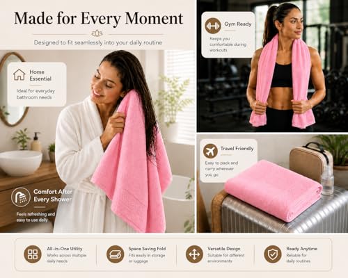 Image of 100% Pure Cotton Bath Towel for Men & Women | 380 GSM Ultra Soft, Highly Absorbent & Quick Dry Bath Towel | Large 55 x 28 Inch Matty Terry Towel for Bathroom, Gym, Travel & Daily Use | Baby Pink