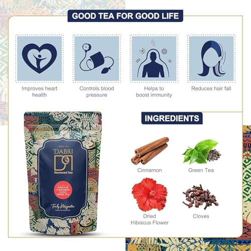 Image of Dabri Hibiscus Green Tea 200gm Combo (Pack of 2 x 100gm Each Pouch) |Premium Loose Leaf Blend with Cinnamon, Clove & Green Tea |Pure Natural Hibiscus tea leaves & Spices |Manage Weight, Hair Regrowth