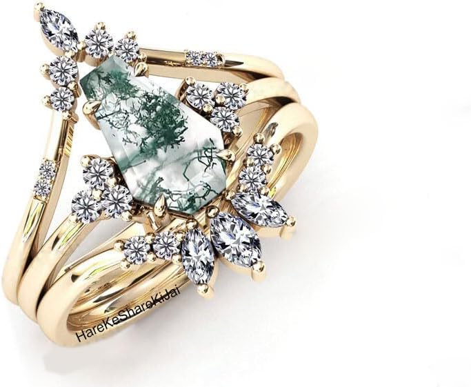 vintage moss agate engagement ring set women coffin shaped moss agate bridal ring set coffin ring set for women wedding anniversary ring set coffin sterling silver ring christmas gifts for women
