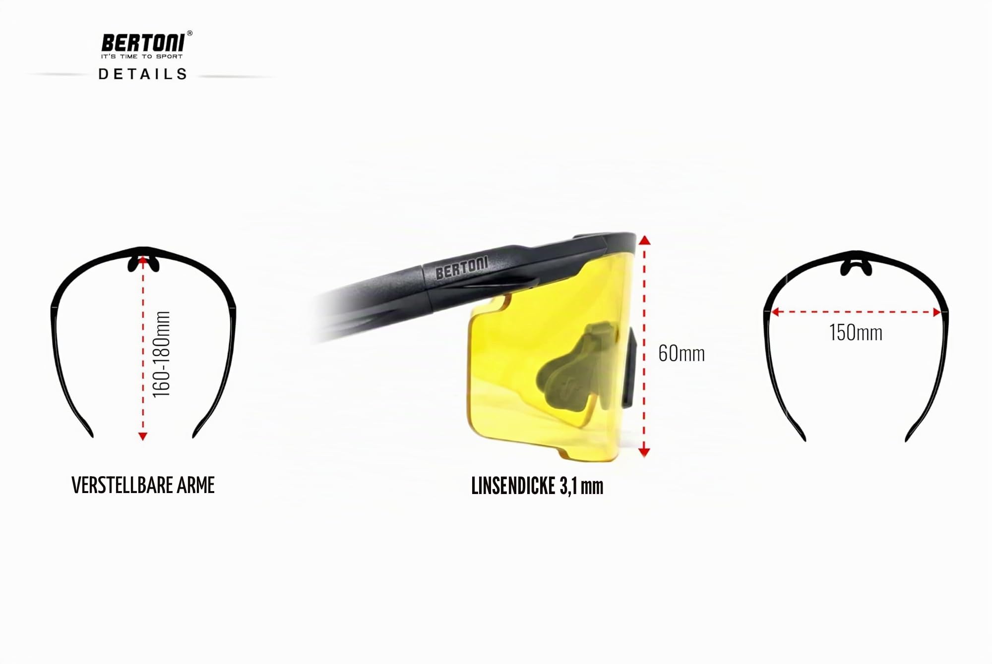 BERTONI Schießbrille mit 4 Wechselgläser mit Tragetasche und Zusätzliches Bügel - SH890N Ballistische Schutzbrille Sportbrillen Für Herren und Damen