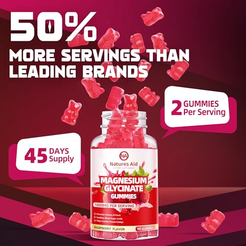 Natures Aid Magnesium Glycinate Gummies 1000mg - Sugar Free Magnesium Potassium Supplement with Vitamin D, B6, CoQ10 for Calm Mood & Sleep Support - 90 Raspberry Gummies. - Thumbnail 6